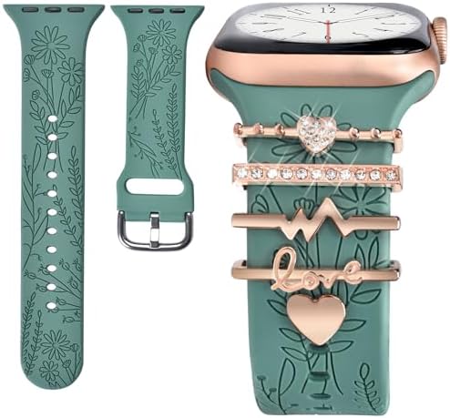 Watch Band Charms (Band Included), Compatible with Apple Watch Band 38mm 40mm 41mm, Floral Engraved Silicone Straps & Decorative Rings Accessories for iWatch Series se 9 8 7 6 5 4 3 2 1