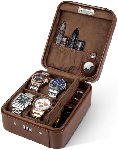 KAMIER Watch Travel Case for Men and Women- 4 Watch Storage and Organizer- Mechanical Combination Lock and Holds for Air Tags-for Home Storage,Travel and Display,Brown