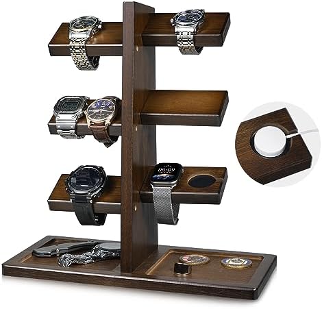 ikkle Watch Holder Stand with Charging Station Wooden Watch Display Tower Jewelry Organizer for Rings, Coins Bracelets, Necklaces, Great Gift for Men