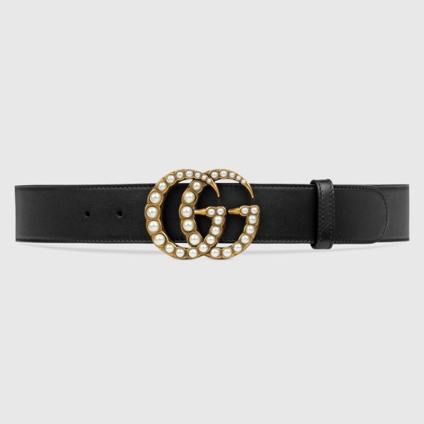 Gucci Black Leather 38MM Belt with Pearl Double G Buckle