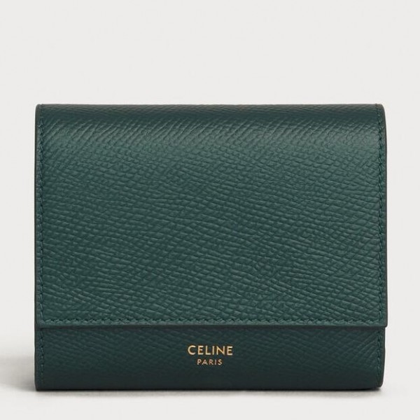Celine Small Trifold Wallet in Green Grained Calfskin